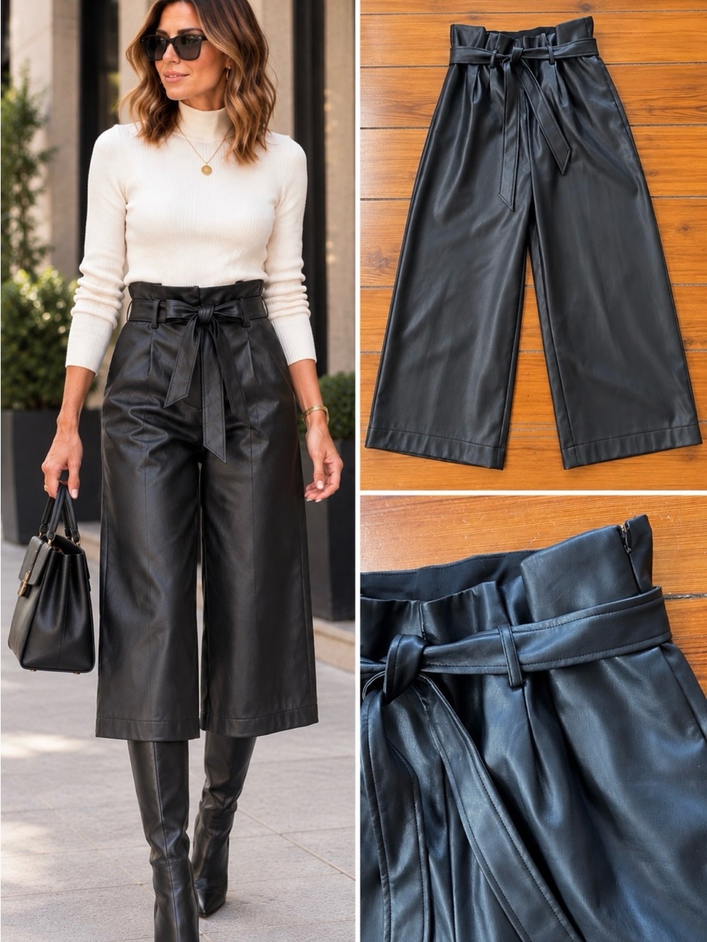 Adyson Parker Black Faux Leather Paperbag Waist Wide Leg Culotte Pants~10 💚🍄